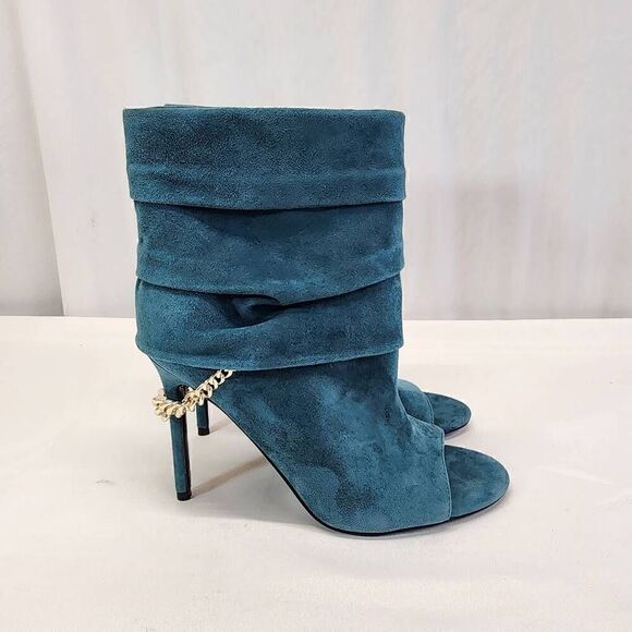 GUESS Adilee Teal Chain Pleated Peep Toe Stiletto Leather Booties Aize 9.5 M - Picture 6 of 11